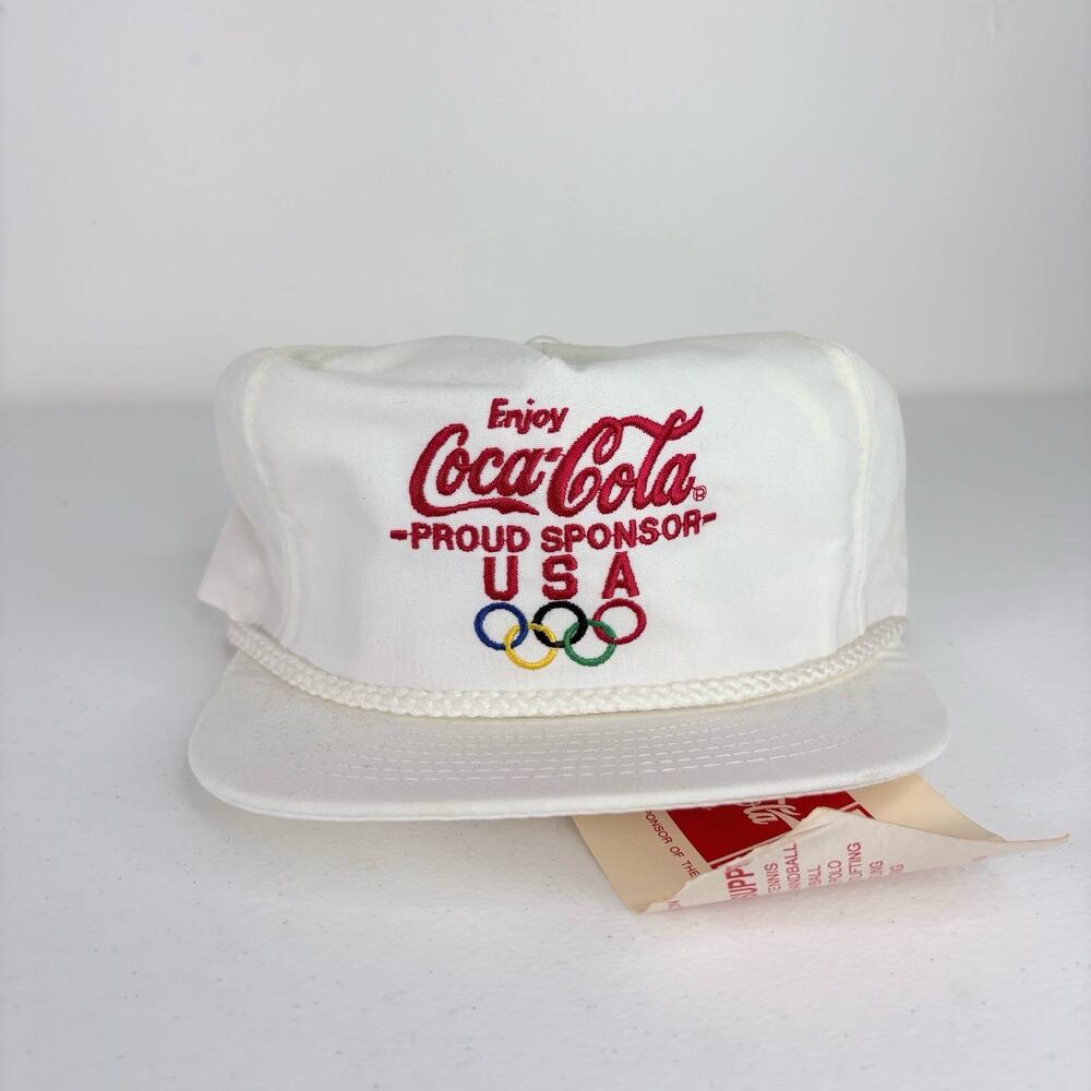 Vtg 80s Coca-Cola Olympics Hat White Rope SnapBack Swingster USA Made
